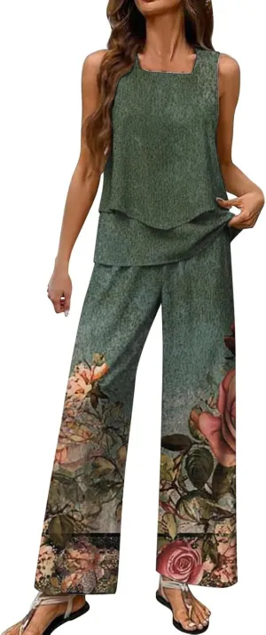 2 Piece Sets for Women Summer Sleeveless Lounge Sets Square Neck Tops Wide Leg Crop Pants Beach Vacation Outfits