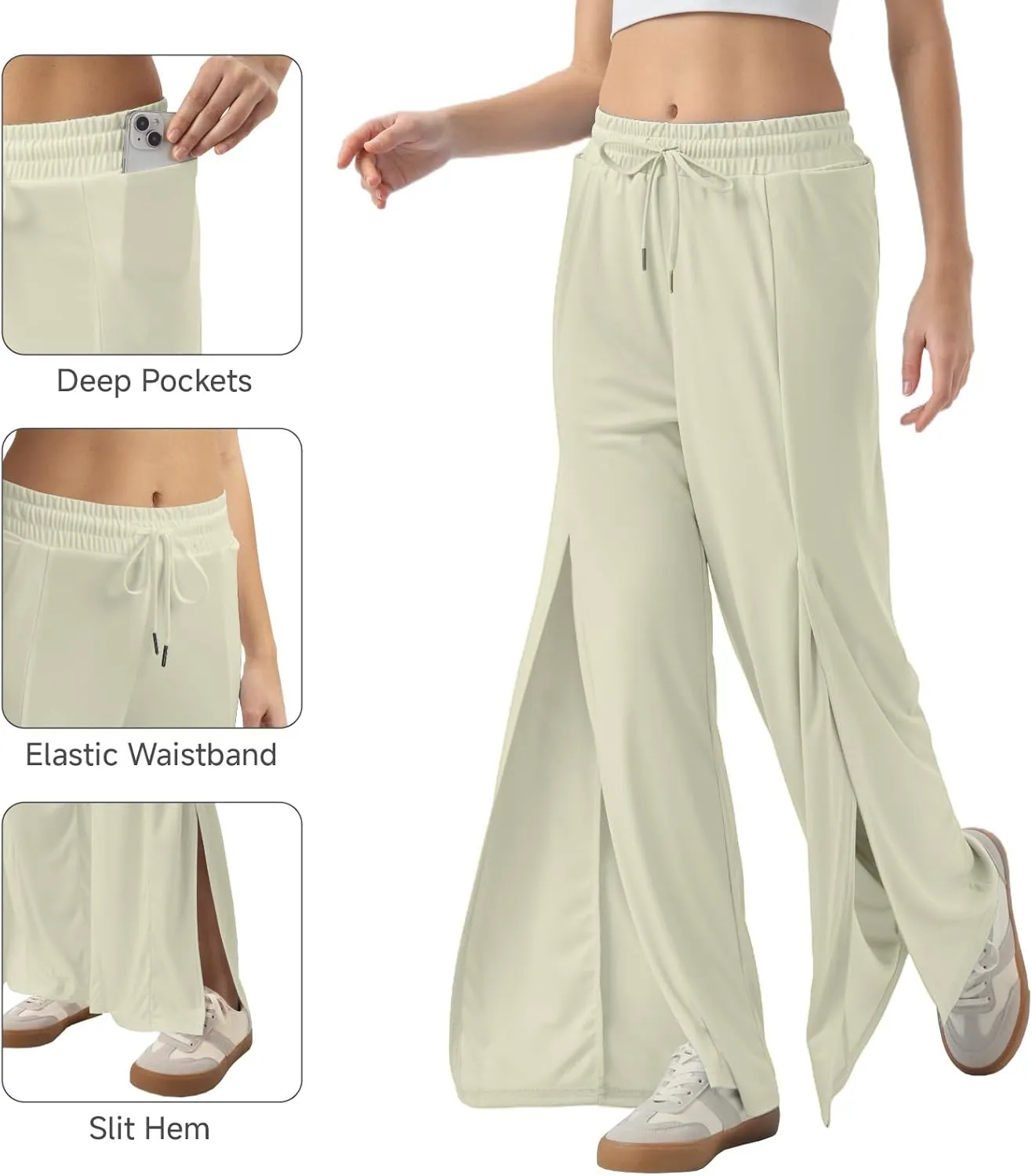 26"/28"/30" Inseam Womens Split Wide Leg Sweatpants Lightweight Petite Summer UPF50 Palazzo Strech Flowy Pants Loose Pockets