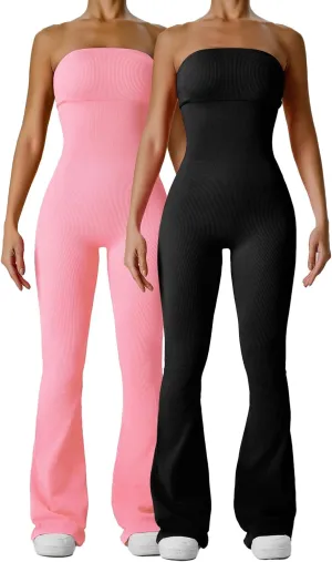 2pcsjumpsuits for Women Bodycon Tube Top Wide Leg Jumpsuit Yoga Strapless Sleeveless Flare Leg(Pink Black,Medium)