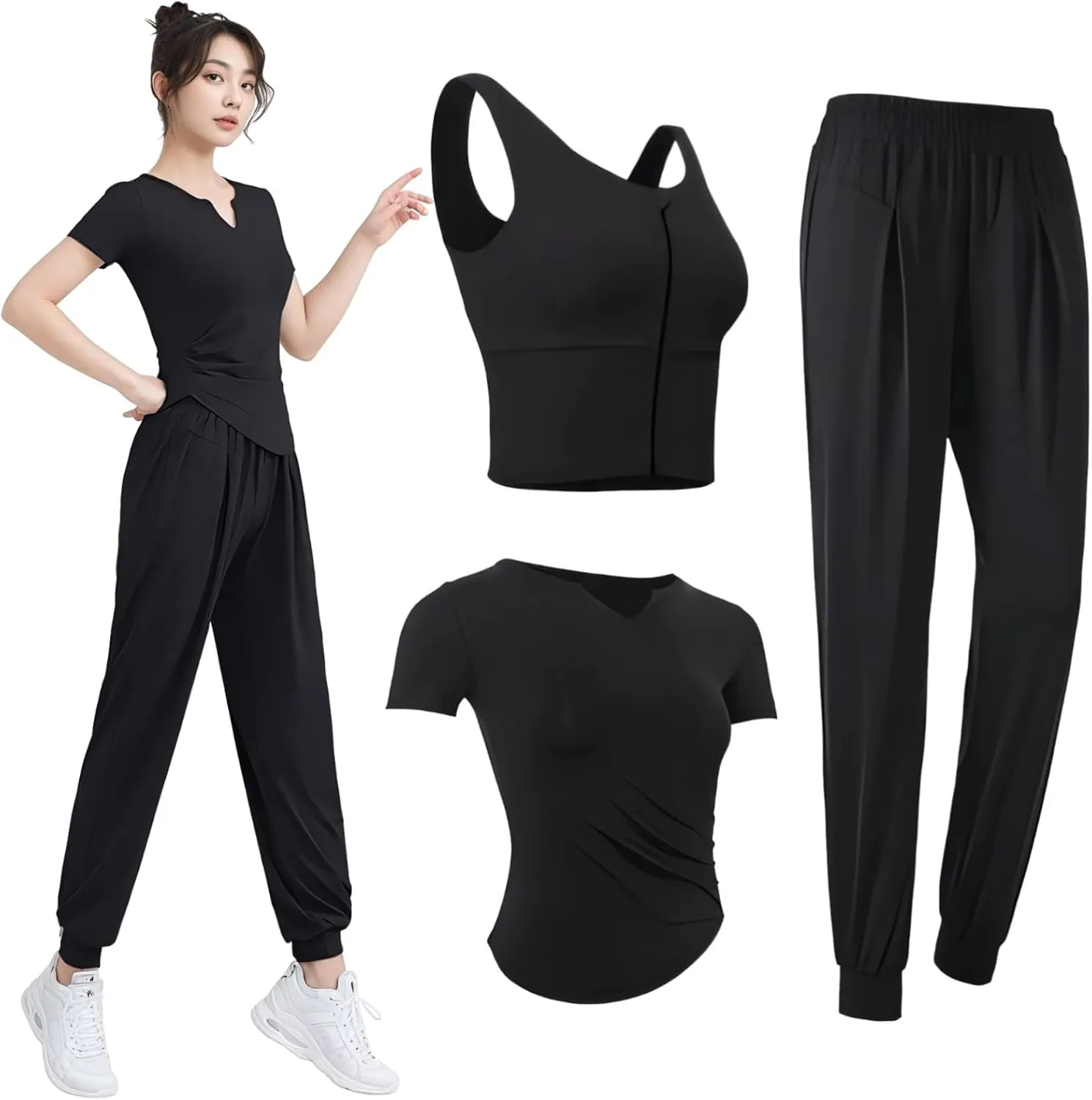 3-Piece Athletic Outfit For Women, Xxl, Black Yoga Set For 135-150, Tank, T-Shirt, Pants, Quick-Dry Fabric