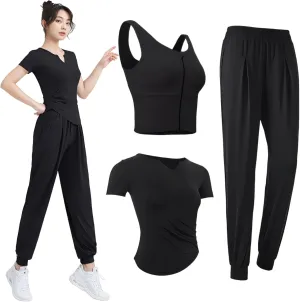 3-Piece Athletic Outfit For Women, Xxl, Black Yoga Set For 135-150, Tank, T-Shirt, Pants, Quick-Dry Fabric