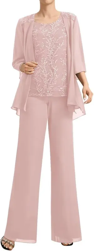 3 Piece Mother of The Bride Pant Suits for Wedding 3/4 Sleeve Chiffon Formal Pants Outfit with Jacket