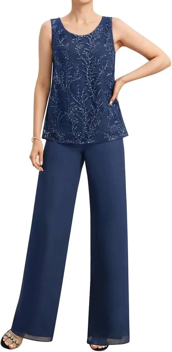 3 Piece Mother of The Bride Pant Suits for Wedding 3/4 Sleeve Chiffon Formal Pants Outfit with Jacket