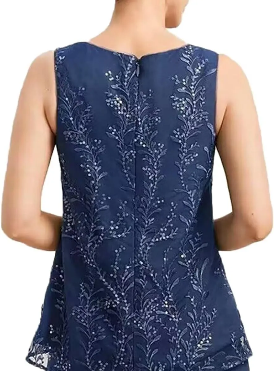 3 Piece Mother of The Bride Pant Suits for Wedding 3/4 Sleeve Chiffon Formal Pants Outfit with Jacket