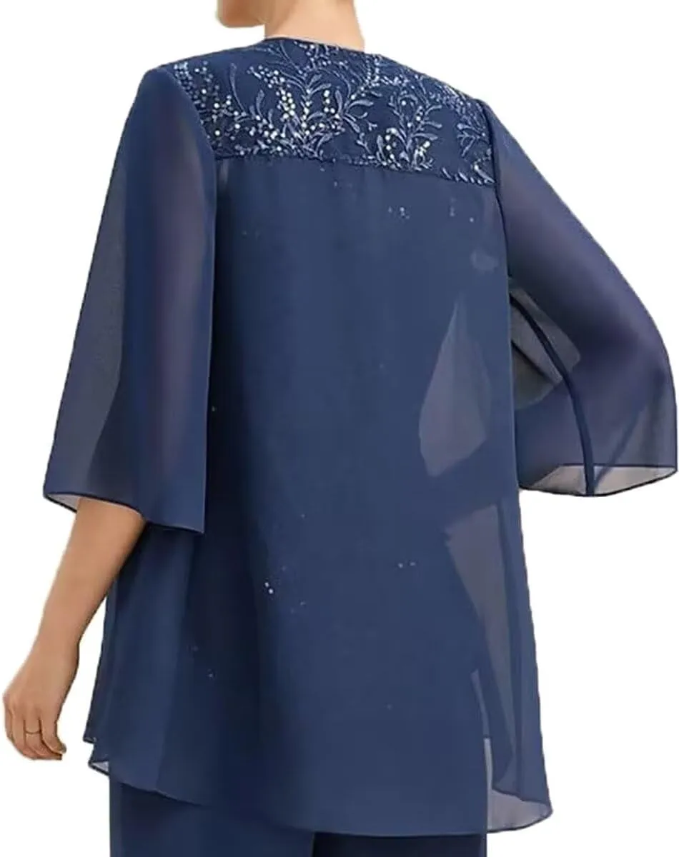3 Piece Mother of The Bride Pant Suits for Wedding 3/4 Sleeve Chiffon Formal Pants Outfit with Jacket