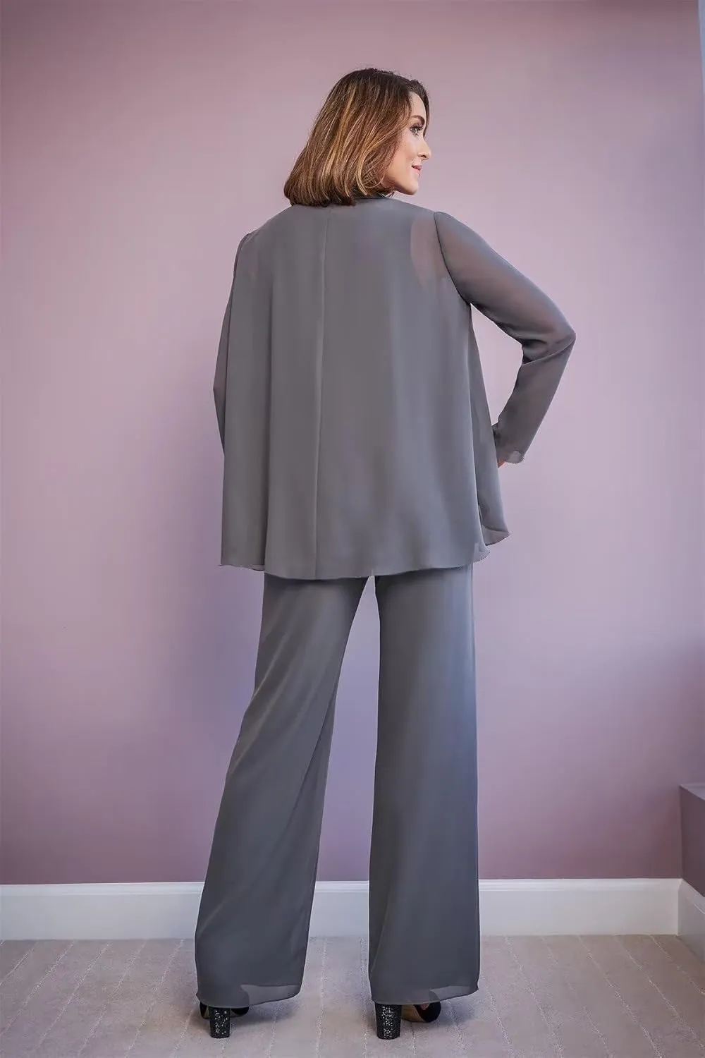 3 Pieces Classy Mother of The Bride Pant Suits with Jacket Long Sleeve Chiffon Pants Suits for Women Dressy