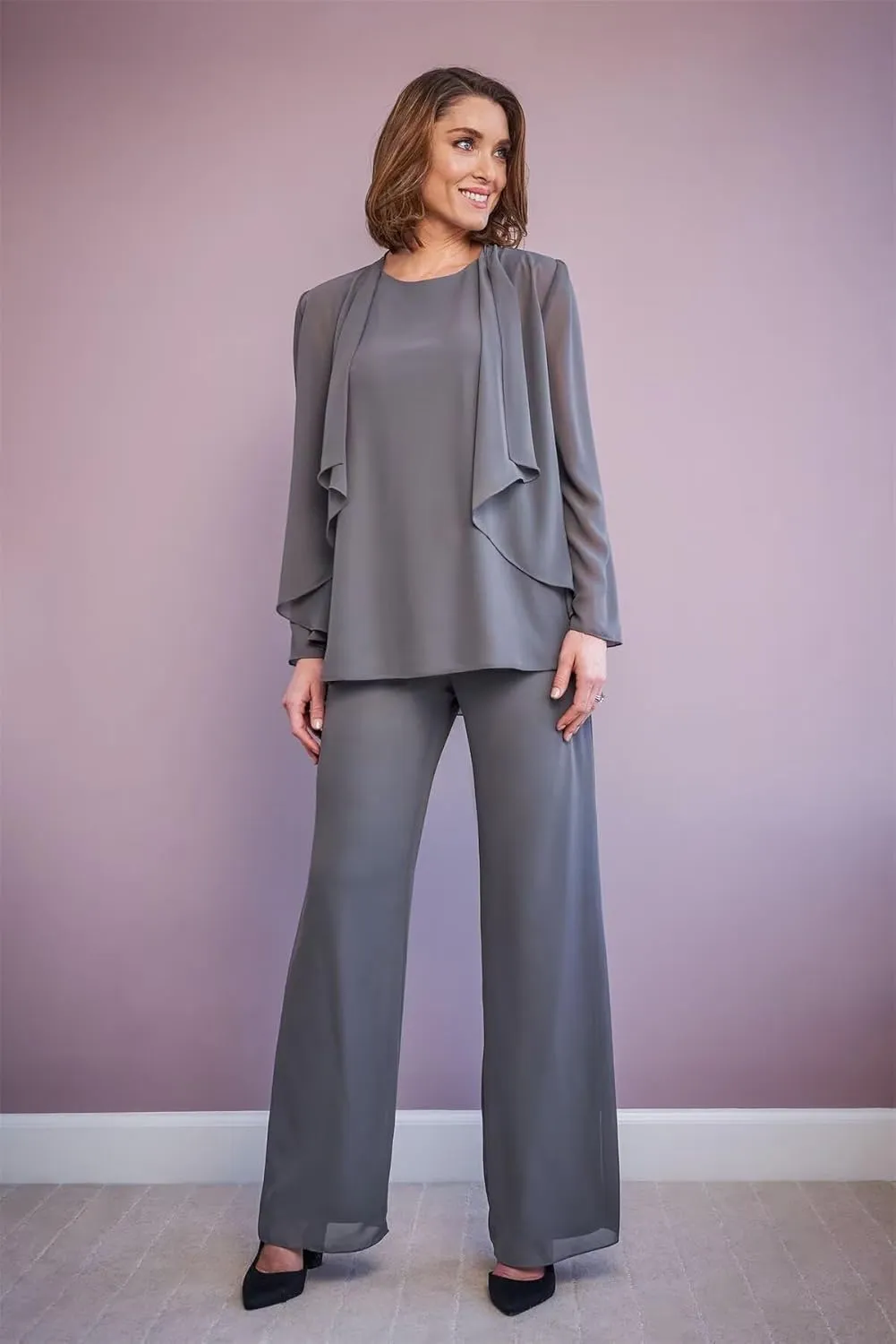 3 Pieces Classy Mother of The Bride Pant Suits with Jacket Long Sleeve Chiffon Pants Suits for Women Dressy