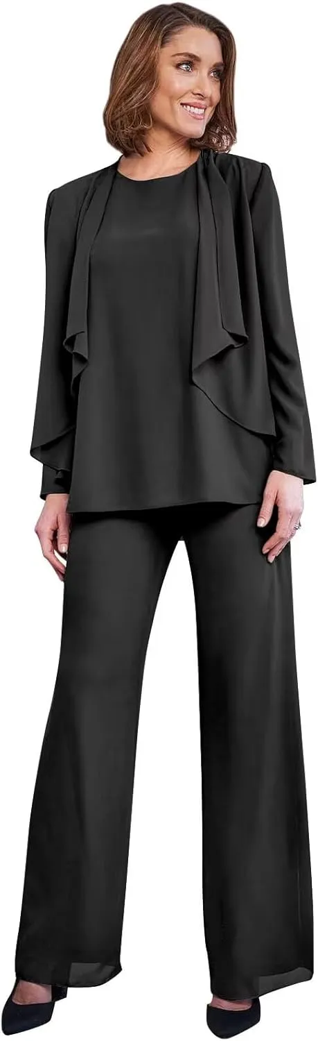 3 Pieces Classy Mother of The Bride Pant Suits with Jacket Long Sleeve Chiffon Pants Suits for Women Dressy