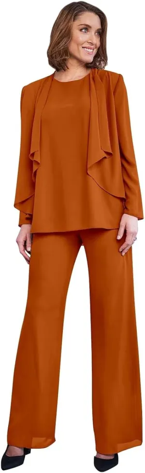 3 Pieces Classy Mother of The Bride Pant Suits with Jacket Long Sleeve Chiffon Pants Suits for Women Dressy