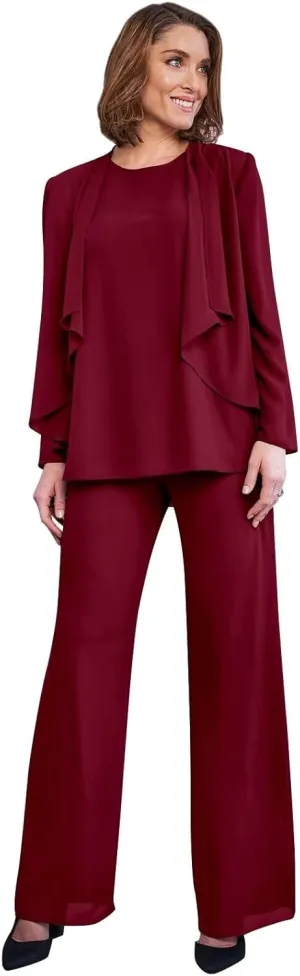 3 Pieces Classy Mother of The Bride Pant Suits with Jacket Long Sleeve Chiffon Pants Suits for Women Dressy