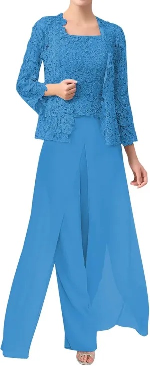 3 Pieces Mother of The Bride Dresses Pant Suits Chiffon Laces Jacket Mother Groom Dresses for Wedding
