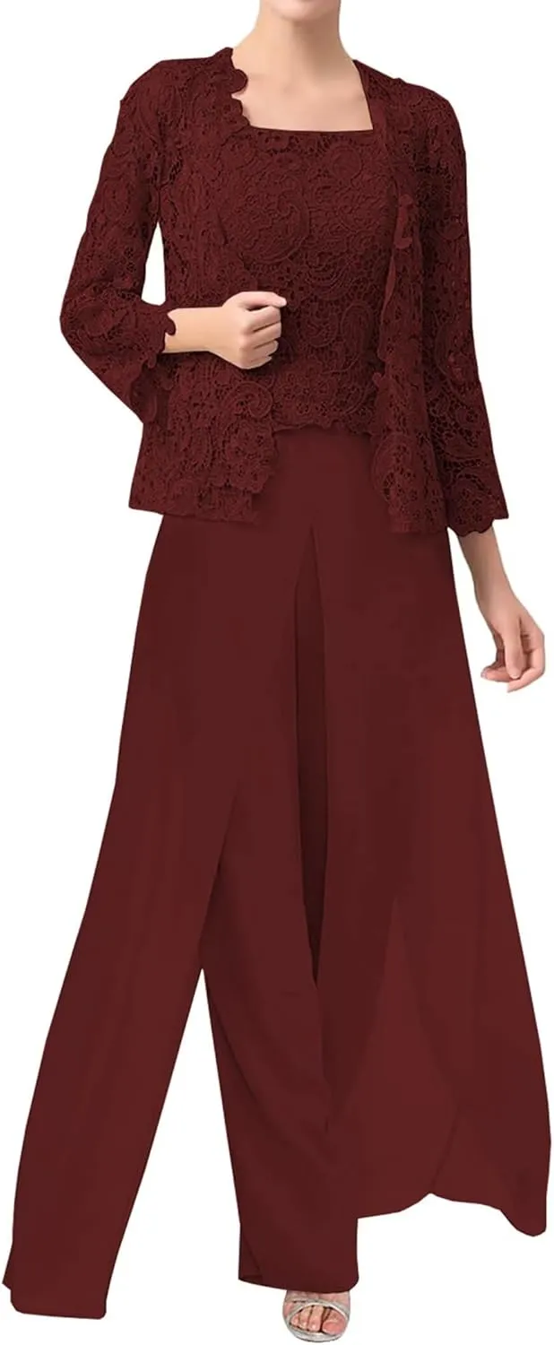 3 Pieces Mother of The Bride Dresses Pant Suits Chiffon Laces Jacket Mother Groom Dresses for Wedding