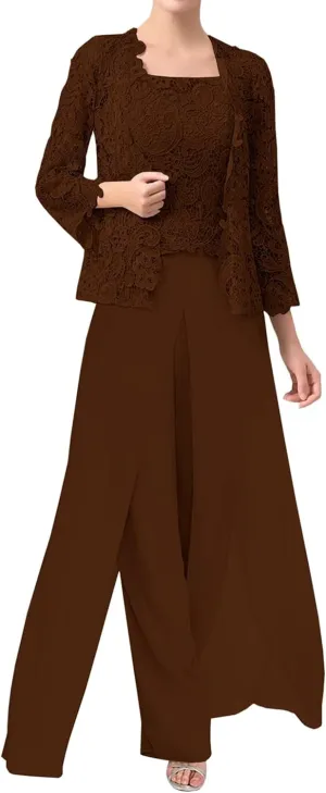 3 Pieces Mother of The Bride Dresses Pant Suits Chiffon Laces Jacket Mother Groom Dresses for Wedding