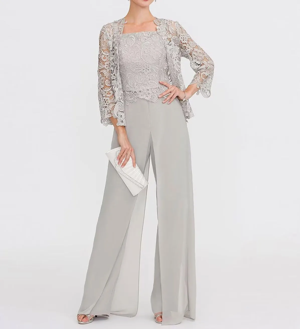 3 Pieces Mother of The Bride Dresses Pant Suits Chiffon Laces Jacket Mother Groom Dresses for Wedding