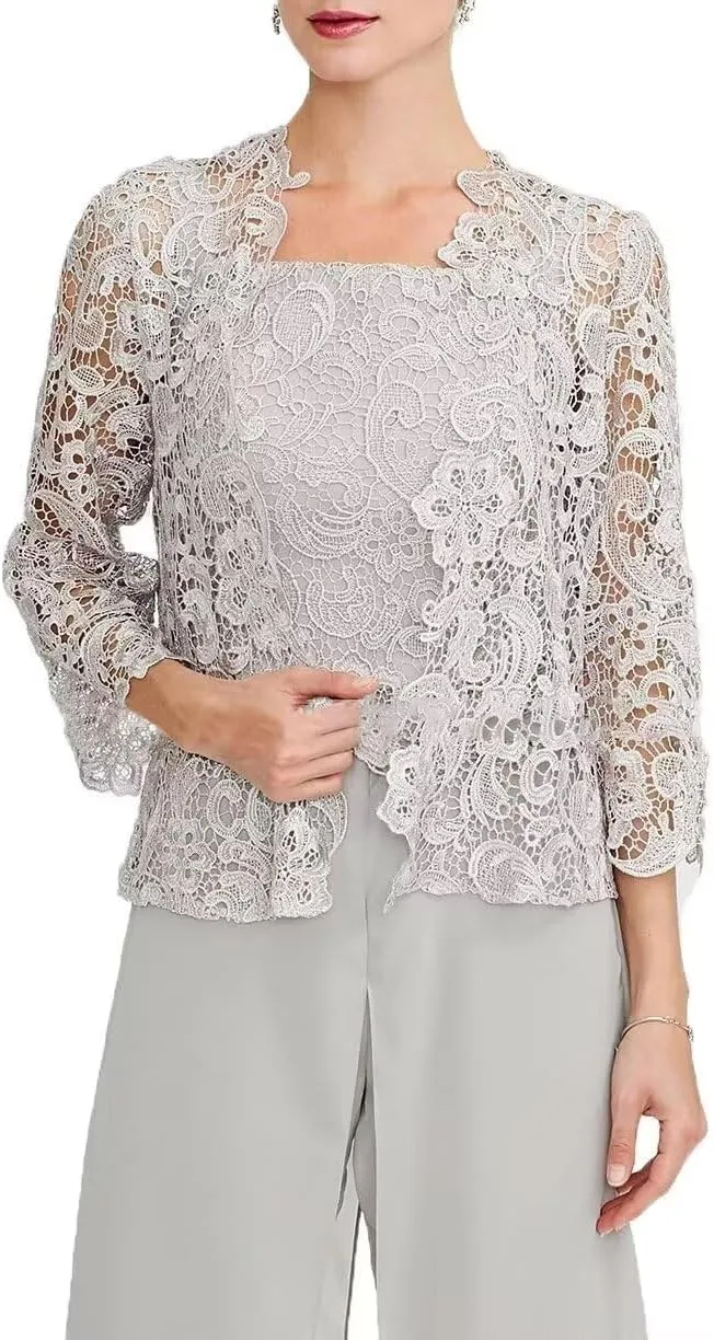 3 Pieces Mother of The Bride Dresses Pant Suits Chiffon Laces Jacket Mother Groom Dresses for Wedding
