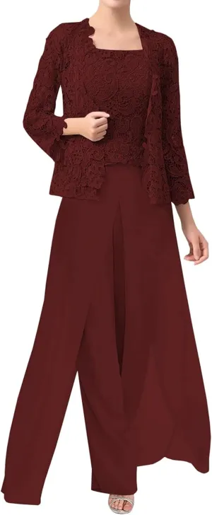 3 Pieces Mother of The Bride Dresses Pant Suits Chiffon Laces Jacket Mother Groom Dresses for Wedding