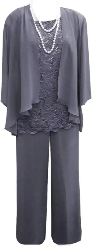 3 Pieces Mother of The Bride Dresses Pant Suits Lace Appliques Chiffon Long Wedding Guest Dress with Jacket