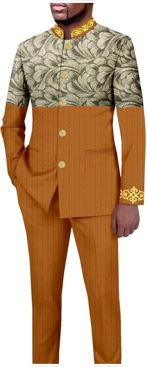 African Suits for Men Slim Fit Embroidery Single Breasted Printed Blazer and Pants Set Formal Outfits