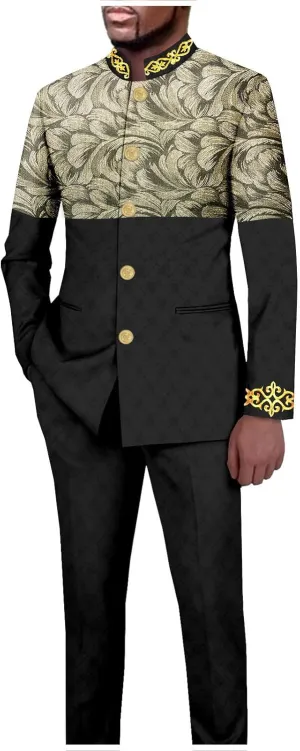African Suits for Men Slim Fit Embroidery Single Breasted Printed Blazer and Pants Set Formal Outfits