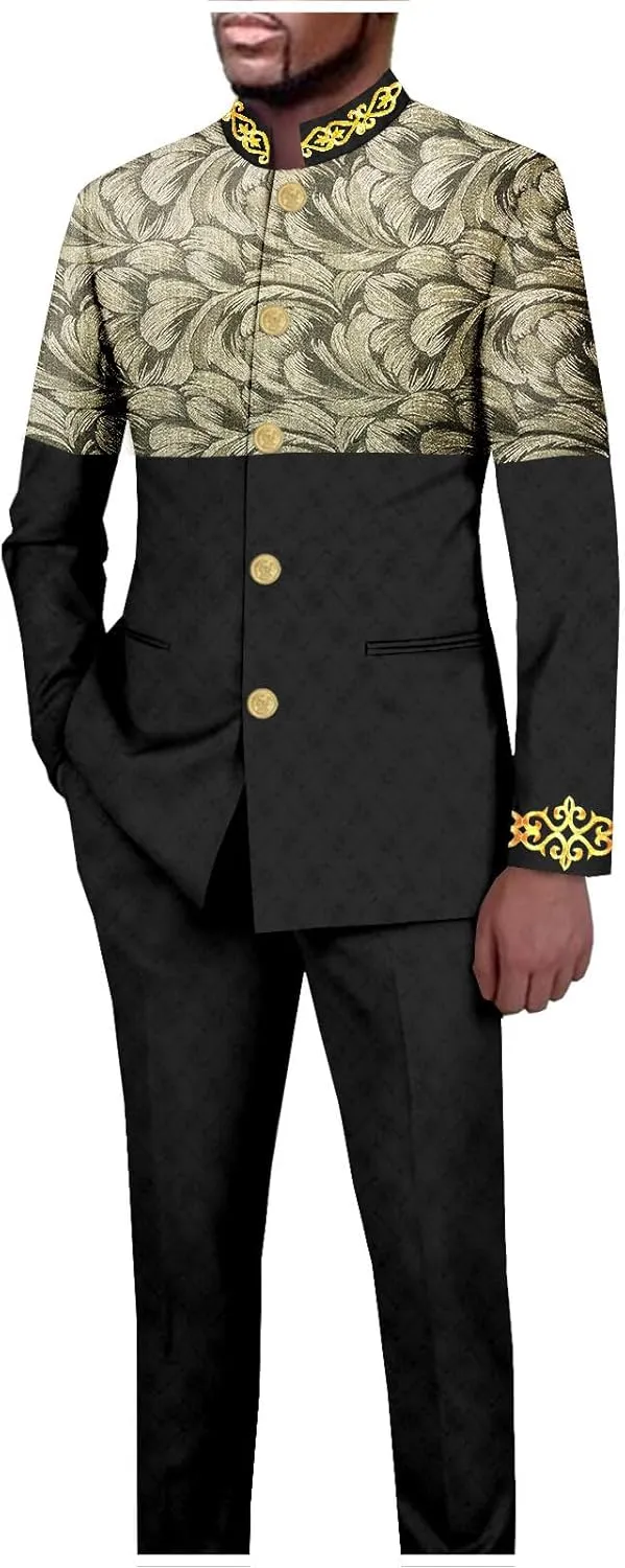 African Suits for Men Slim Fit Embroidery Single Breasted Printed Blazer and Pants Set Formal Outfits