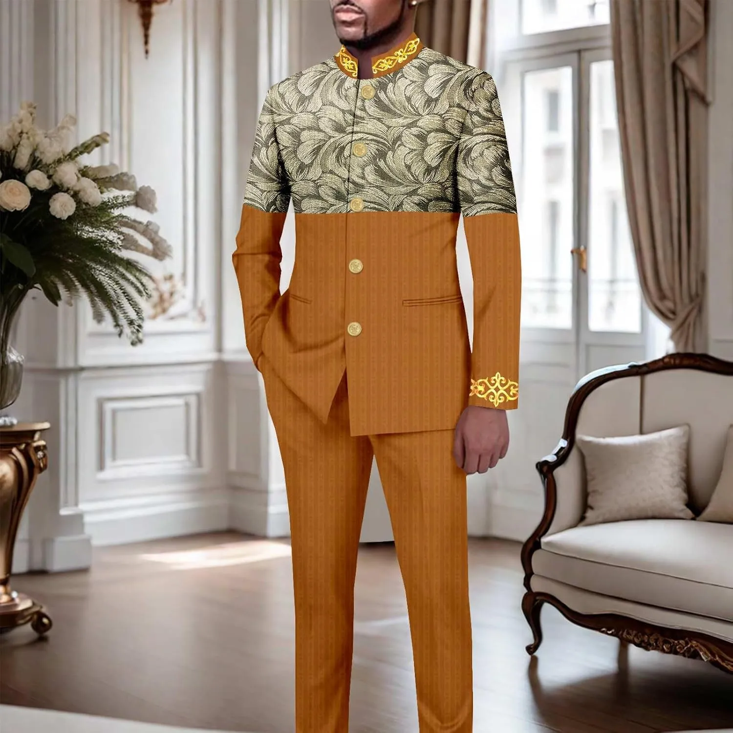 African Suits for Men Slim Fit Embroidery Single Breasted Printed Blazer and Pants Set Formal Outfits
