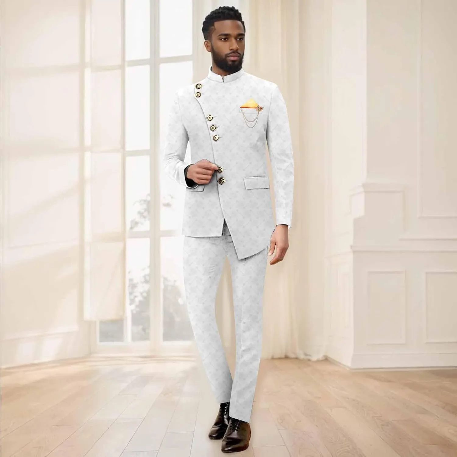 African Suits for Men Slim Fit Single Breasted Brooch Blazer and Pants Set Formal Suit Dashiki Outfits