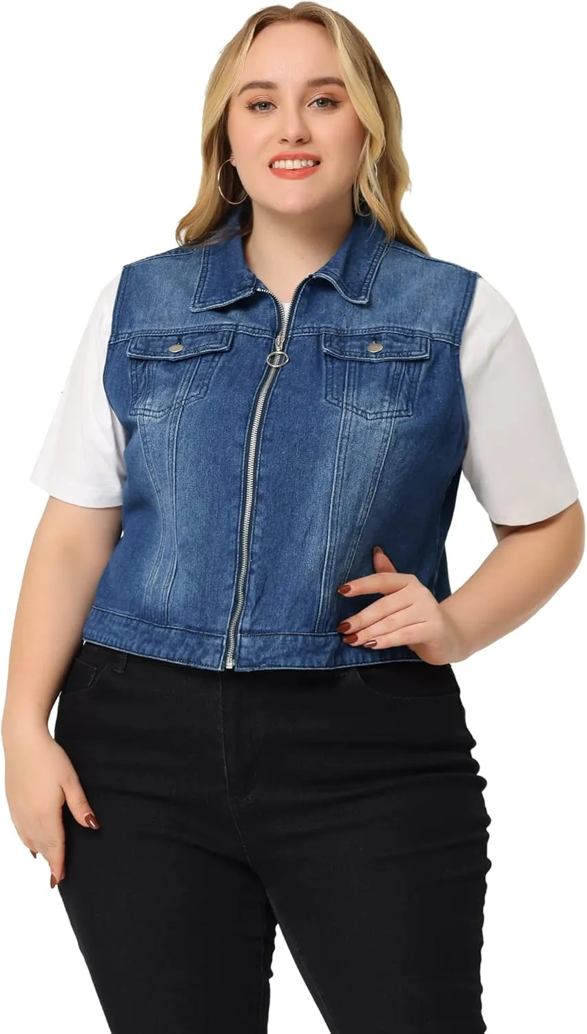 Agnes Orinda Plus Size Denim Vest for Women Sleeveless Zip Up Button Down Jeans Jacket Vest