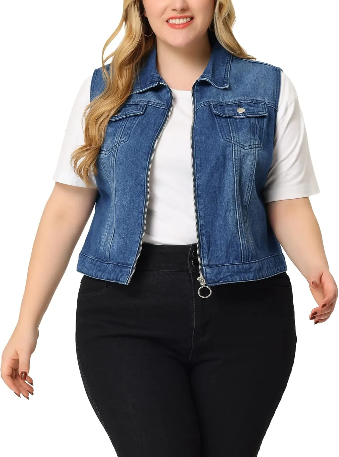 Agnes Orinda Plus Size Denim Vest for Women Sleeveless Zip Up Button Down Jeans Jacket Vest