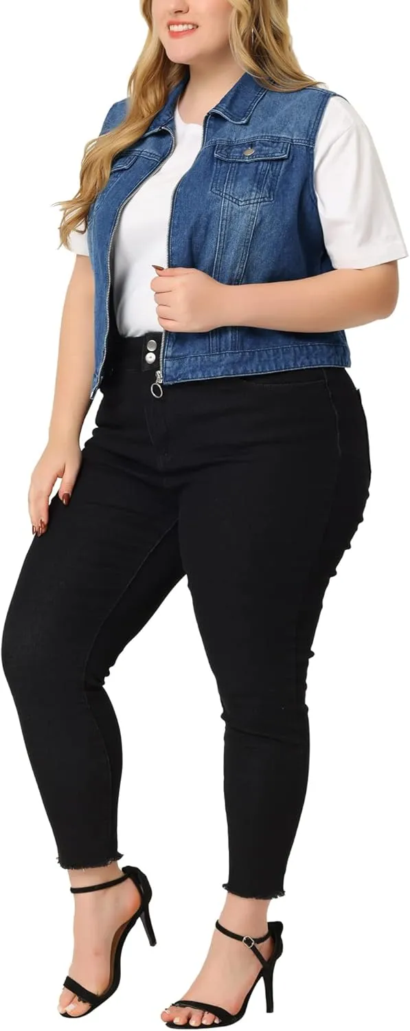 Agnes Orinda Plus Size Denim Vest for Women Sleeveless Zip Up Button Down Jeans Jacket Vest