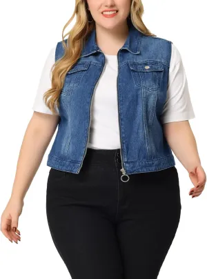 Agnes Orinda Plus Size Denim Vest for Women Sleeveless Zip Up Button Down Jeans Jacket Vest