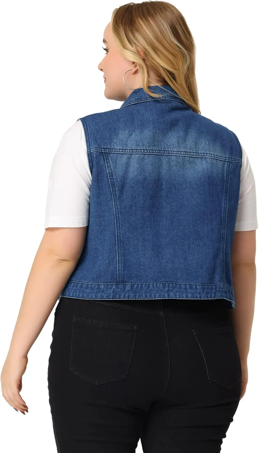Agnes Orinda Plus Size Denim Vest for Women Sleeveless Zip Up Button Down Jeans Jacket Vest