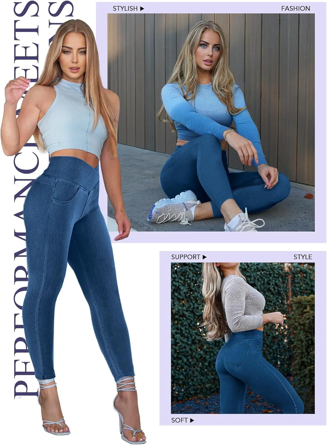 AIMILIA Crossover Jeggings for Women Tummy Control High Waist Pull On Stretchy Jeans Denim Leggings with Pockets Slimming