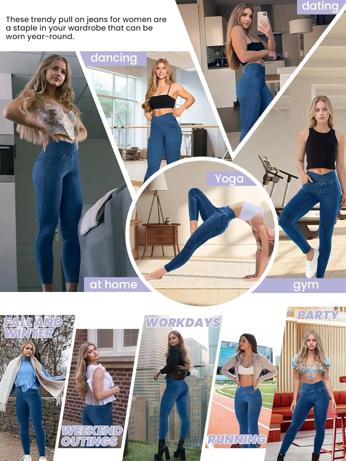 AIMILIA Crossover Jeggings for Women Tummy Control High Waist Pull On Stretchy Jeans Denim Leggings with Pockets Slimming