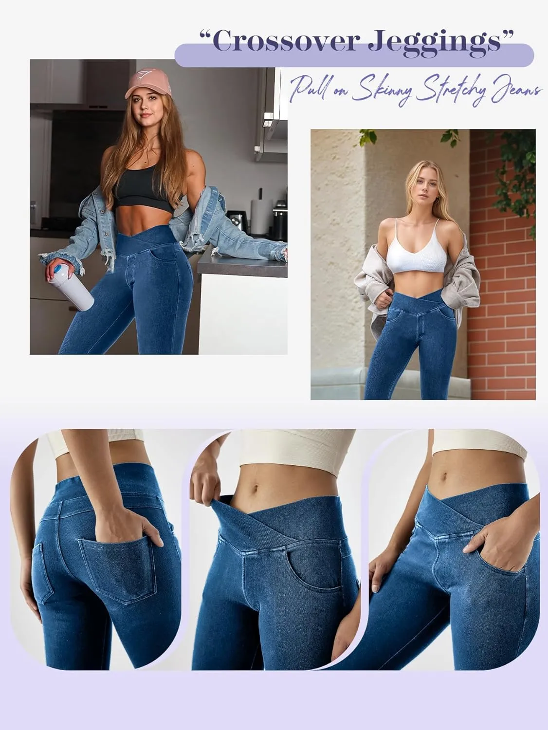 AIMILIA Crossover Jeggings for Women Tummy Control High Waist Pull On Stretchy Jeans Denim Leggings with Pockets Slimming