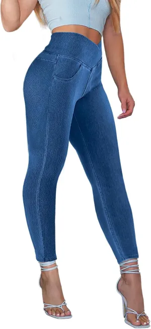 AIMILIA Crossover Jeggings for Women Tummy Control High Waist Pull On Stretchy Jeans Denim Leggings with Pockets Slimming