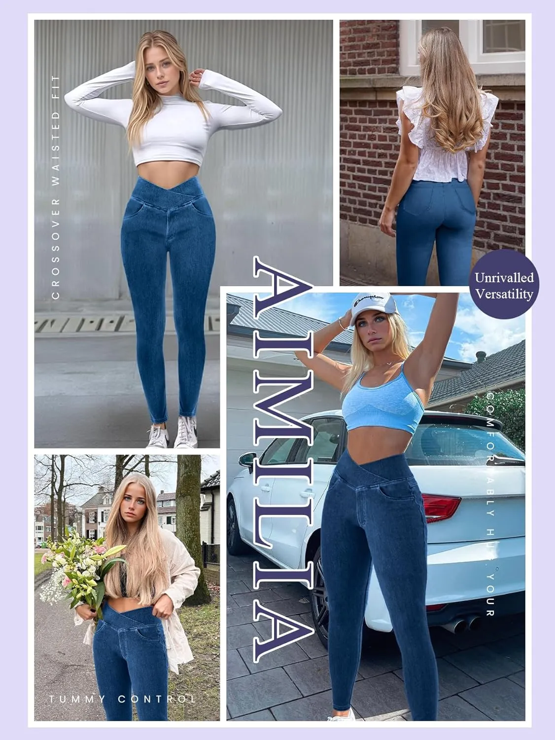 AIMILIA Crossover Jeggings for Women Tummy Control High Waist Pull On Stretchy Jeans Denim Leggings with Pockets Slimming