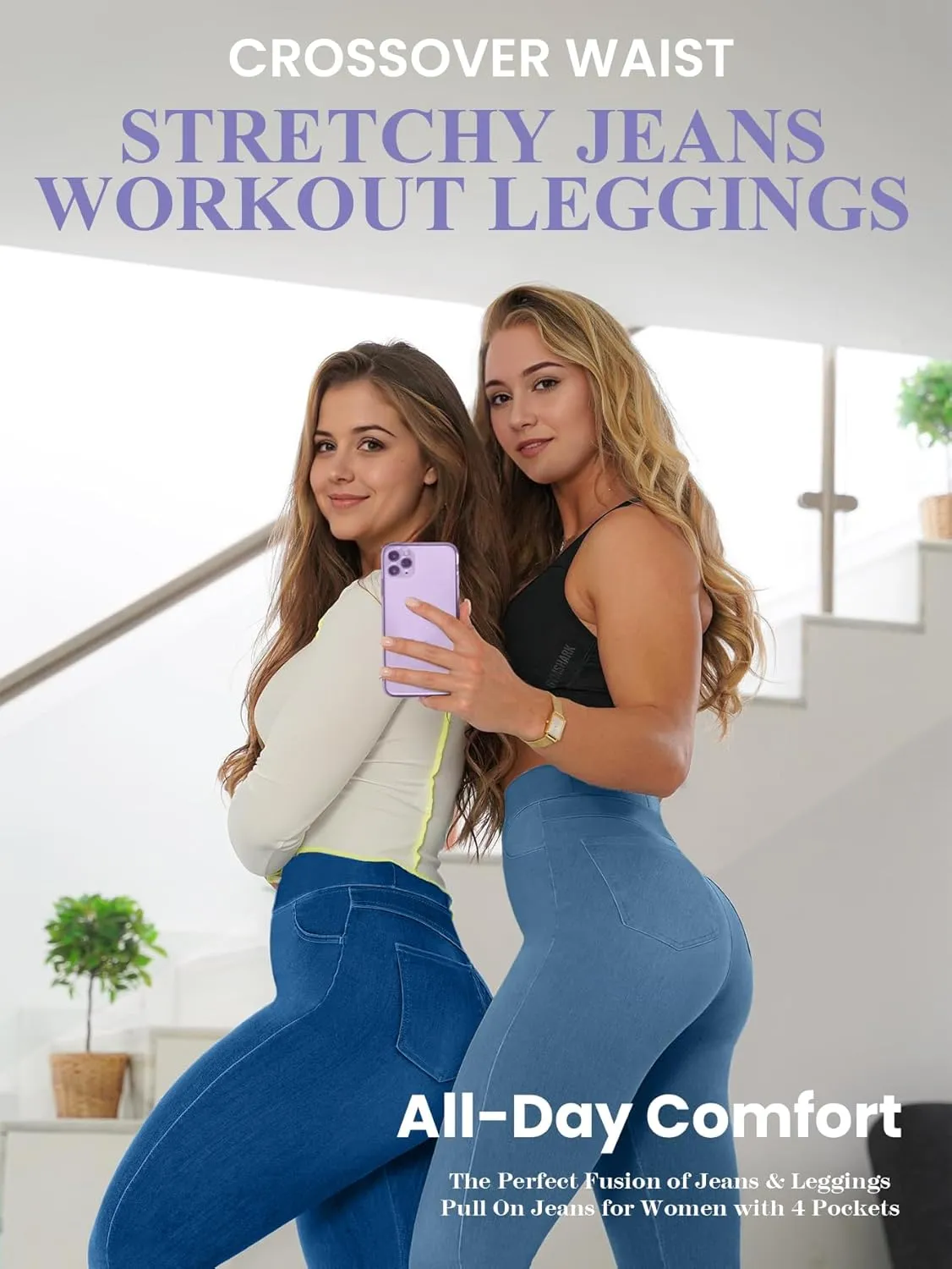 AIMILIA Crossover Jeggings for Women Tummy Control High Waist Pull On Stretchy Jeans Denim Leggings with Pockets Slimming