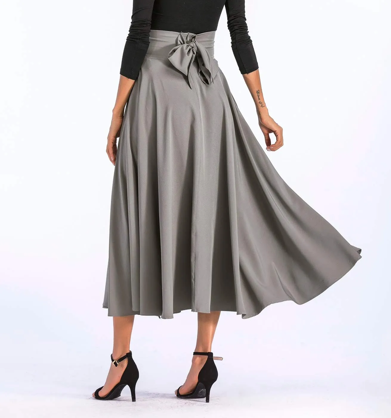 Aivtalk Women High Waist Long Skirt with Slit Pockets Bow Tie Pleated Maxi Skirt