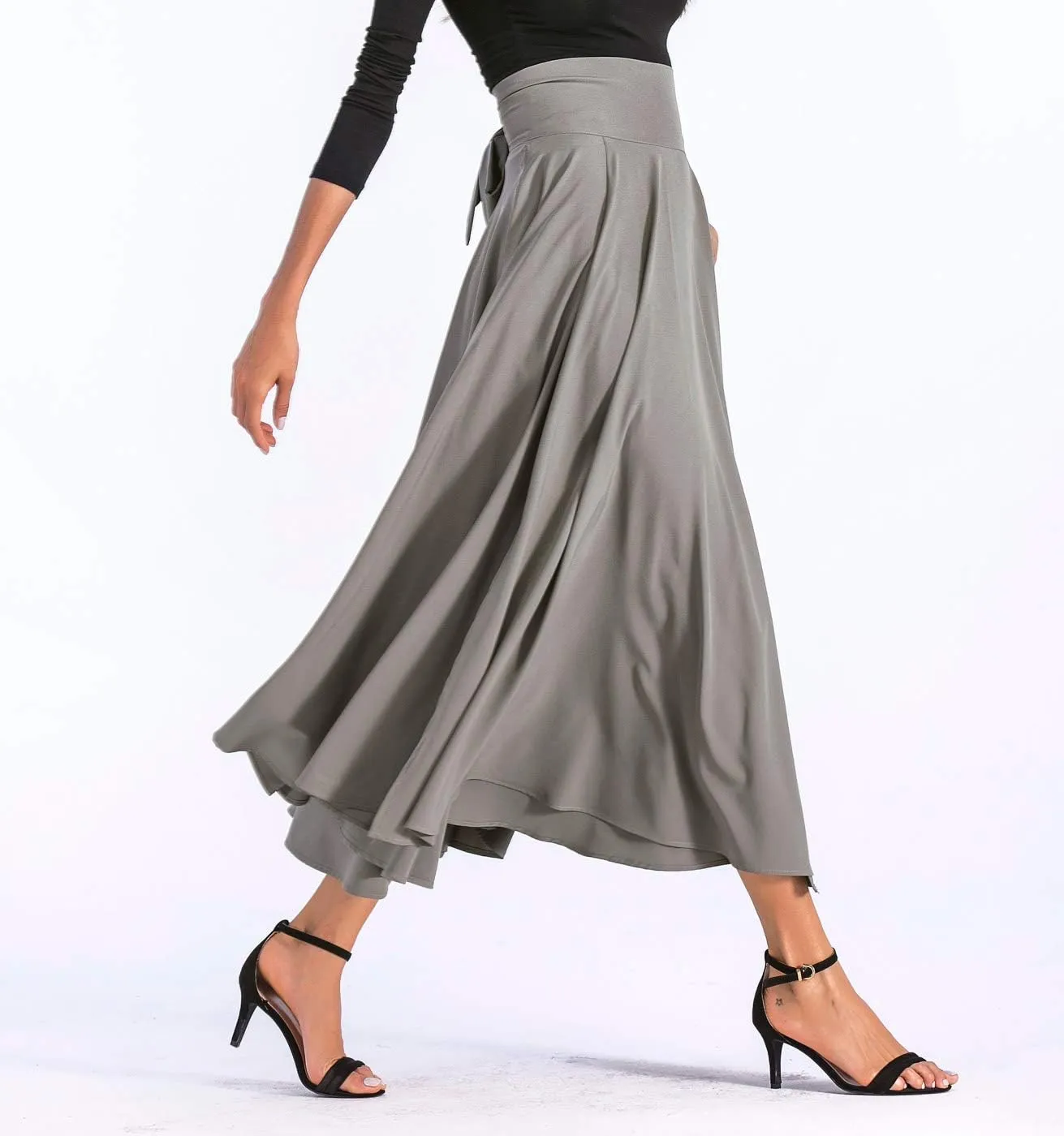 Aivtalk Women High Waist Long Skirt with Slit Pockets Bow Tie Pleated Maxi Skirt