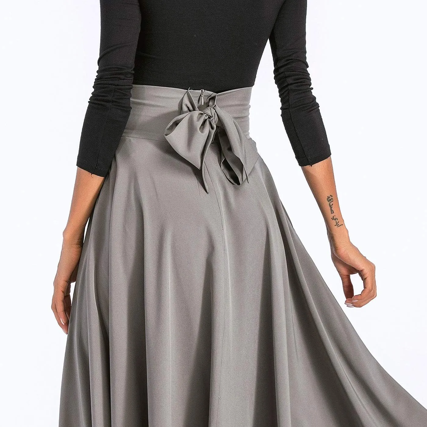 Aivtalk Women High Waist Long Skirt with Slit Pockets Bow Tie Pleated Maxi Skirt