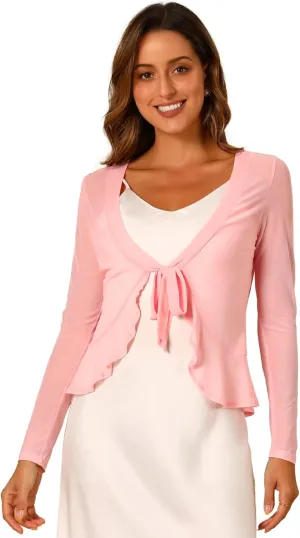 Allegra K Ruffle Mesh Shrug for Women's Long Sleeves Self Tie Casual Bolero Cardigan