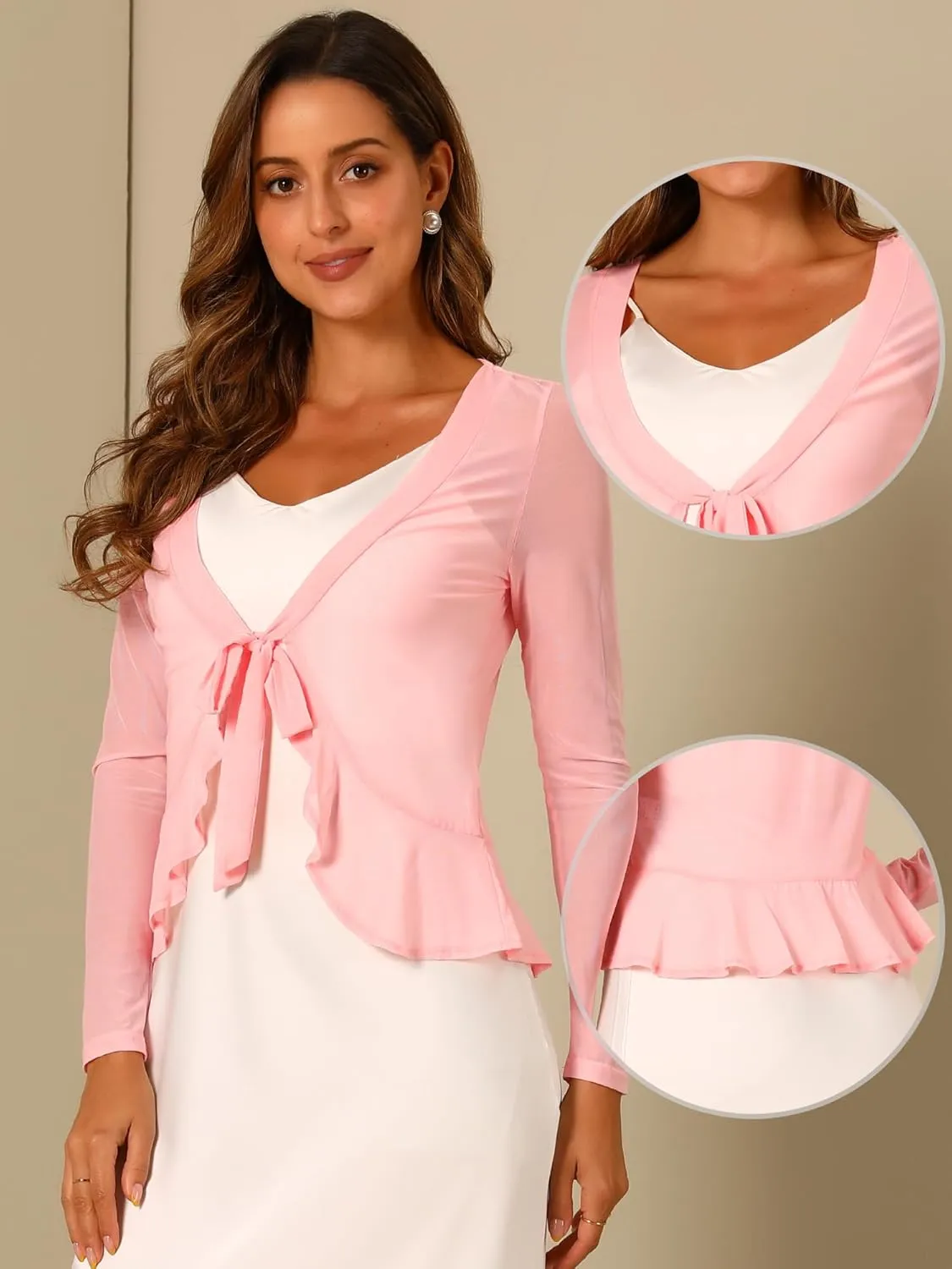 Allegra K Ruffle Mesh Shrug for Women's Long Sleeves Self Tie Casual Bolero Cardigan
