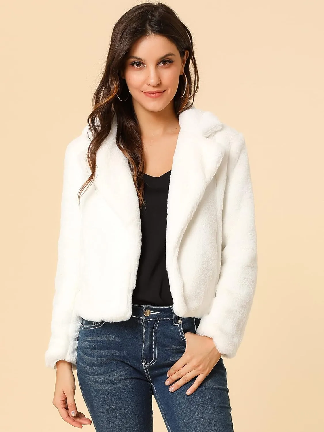 Allegra K Women's Cropped Faux Fur Jacket Lapel Cardigan Shrug 2024 Winter Fluffy Faux Fur Coat
