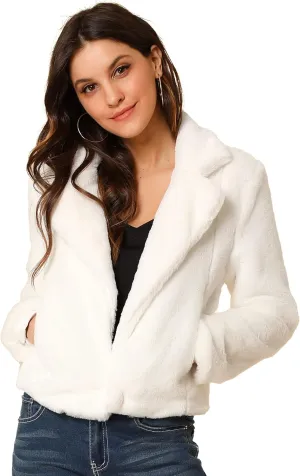Allegra K Women's Cropped Faux Fur Jacket Lapel Cardigan Shrug 2024 Winter Fluffy Faux Fur Coat
