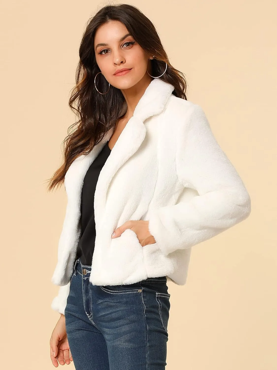 Allegra K Women's Cropped Faux Fur Jacket Lapel Cardigan Shrug 2024 Winter Fluffy Faux Fur Coat