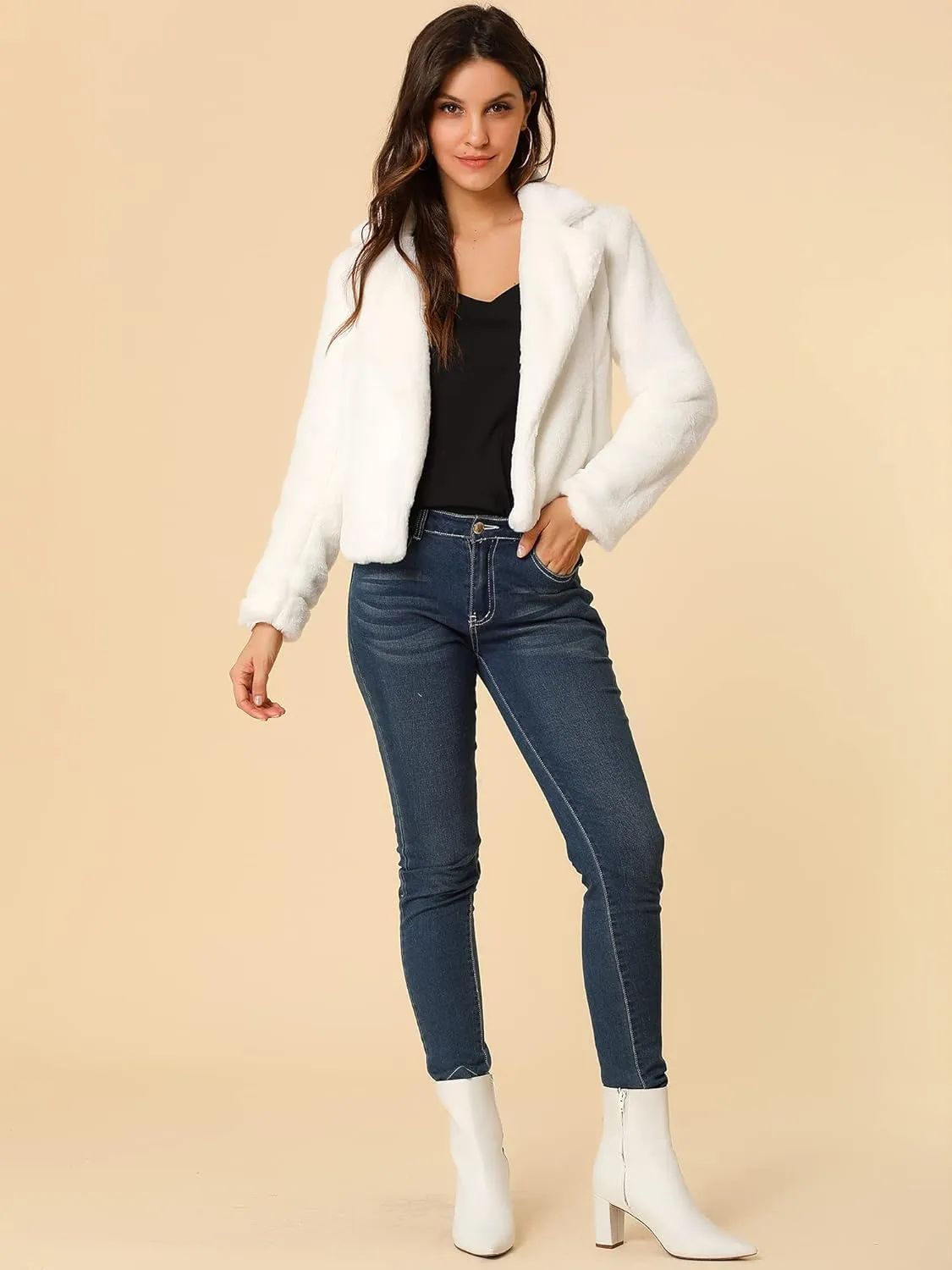 Allegra K Women's Cropped Faux Fur Jacket Lapel Cardigan Shrug 2024 Winter Fluffy Faux Fur Coat