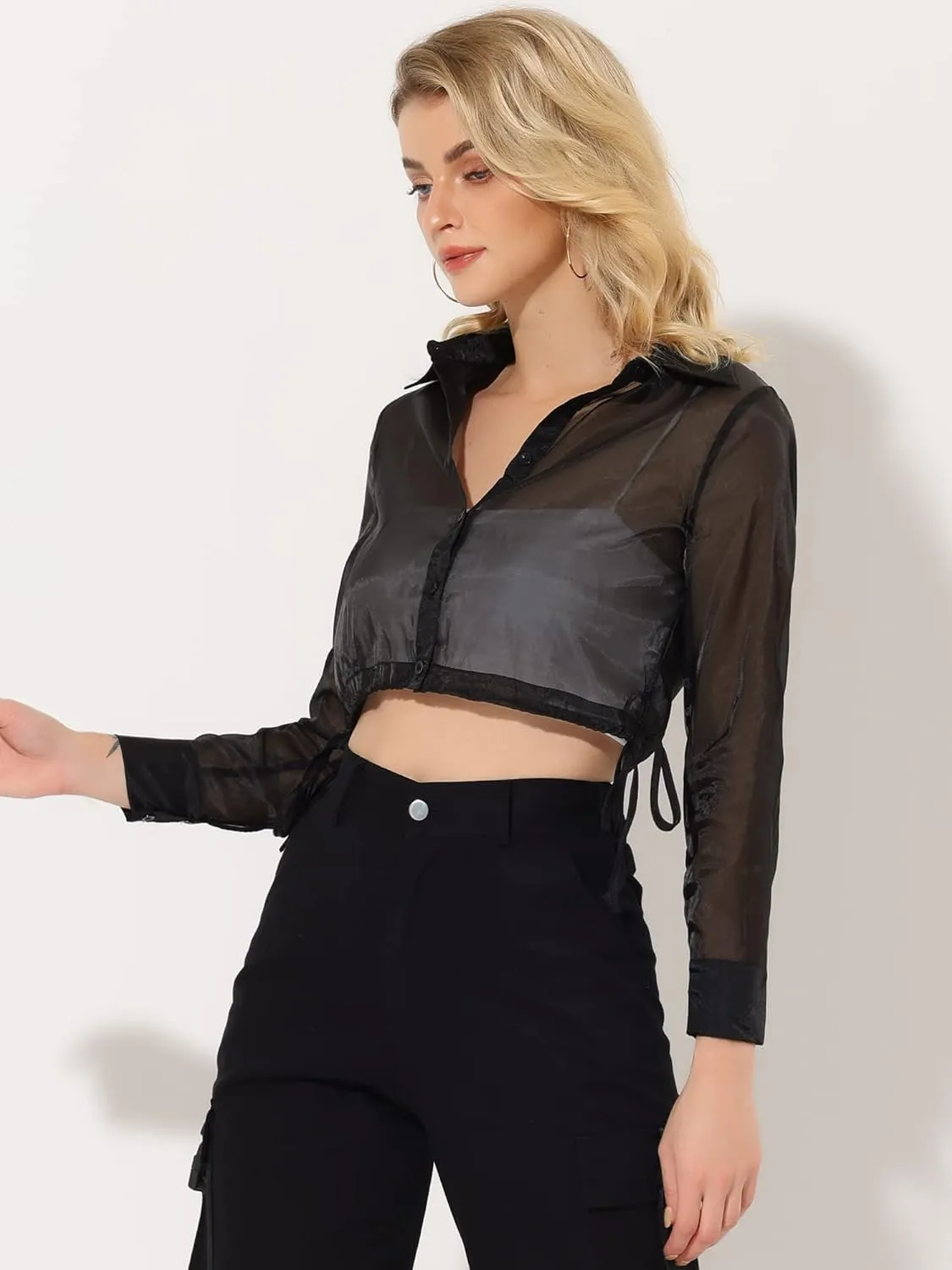 Allegra K Women's See Through Top Long Sleeve Drawstring Hem Button Down Cropped Mesh Sheer Jacket