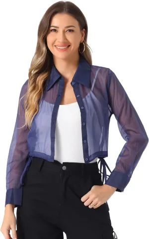Allegra K Women's See Through Top Long Sleeve Drawstring Hem Button Down Cropped Mesh Sheer Jacket