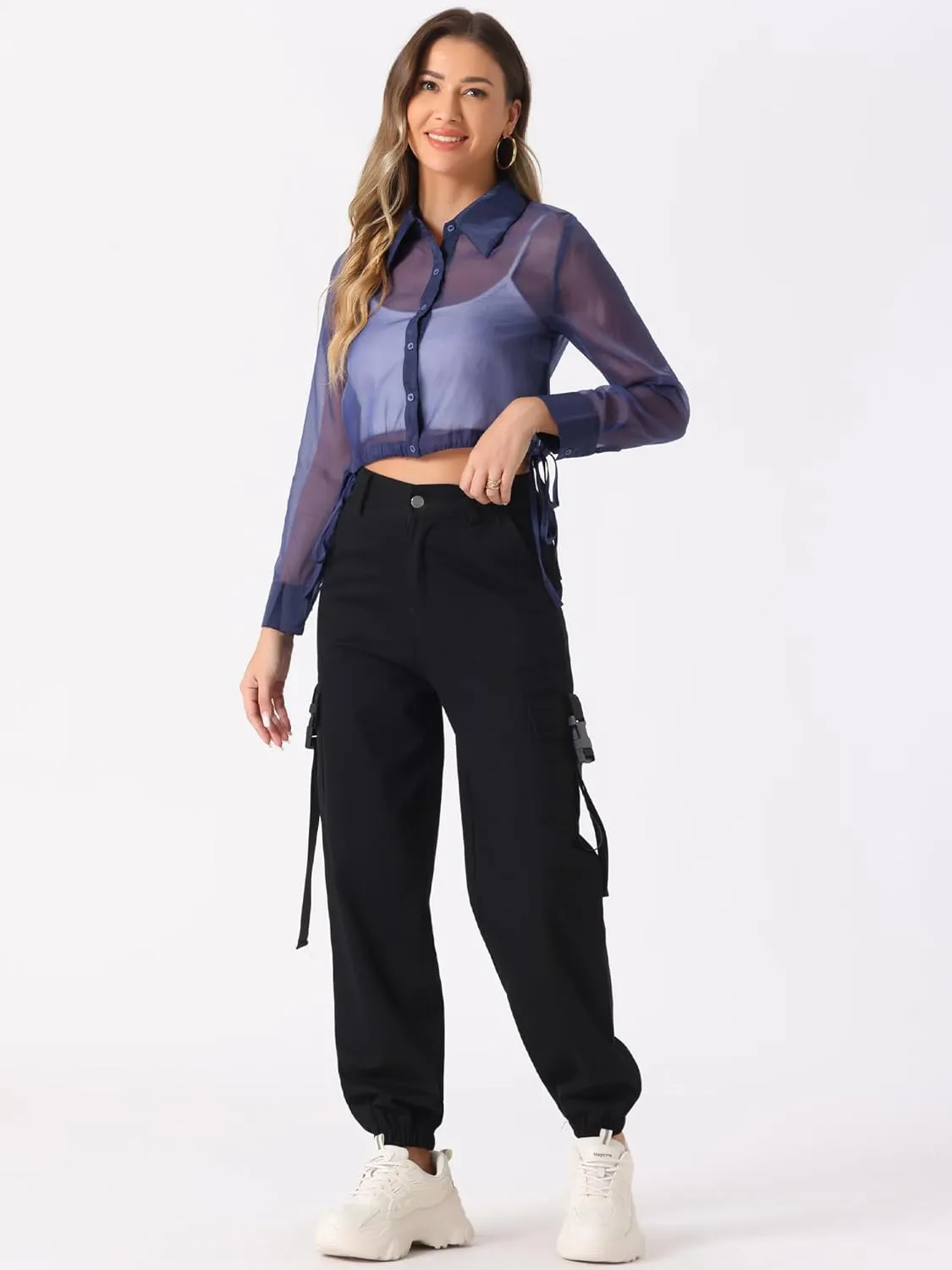 Allegra K Women's See Through Top Long Sleeve Drawstring Hem Button Down Cropped Mesh Sheer Jacket