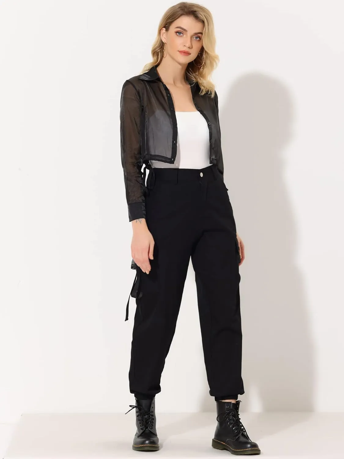 Allegra K Women's See Through Top Long Sleeve Drawstring Hem Button Down Cropped Mesh Sheer Jacket
